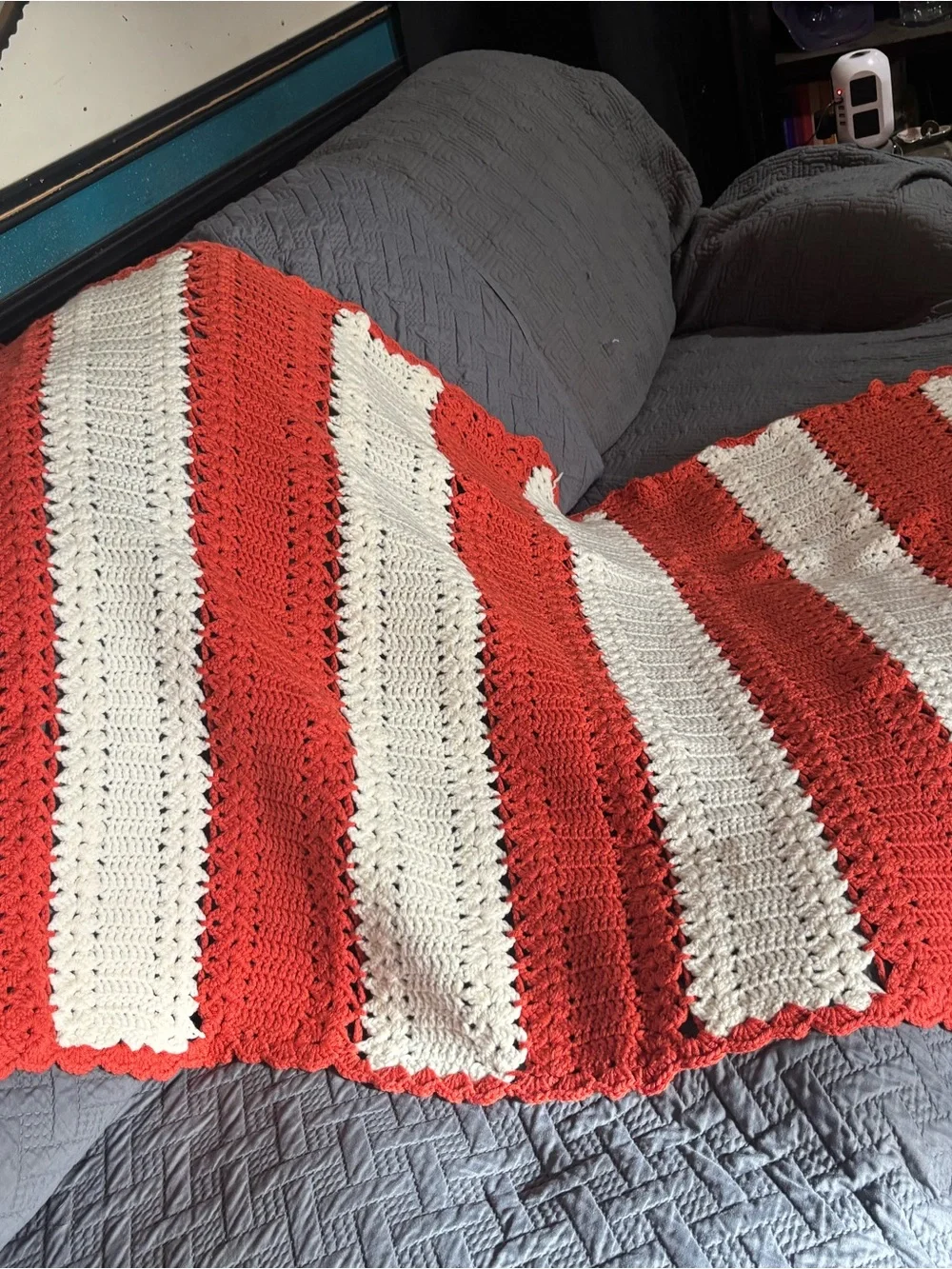 Hand-Crocheted Coral and Cream Stripe Throw Blanket